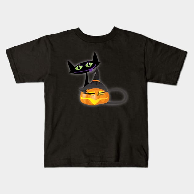 Halloween Black Cat Playing with Happy Pumpkin Kids T-Shirt by K0tK0tu